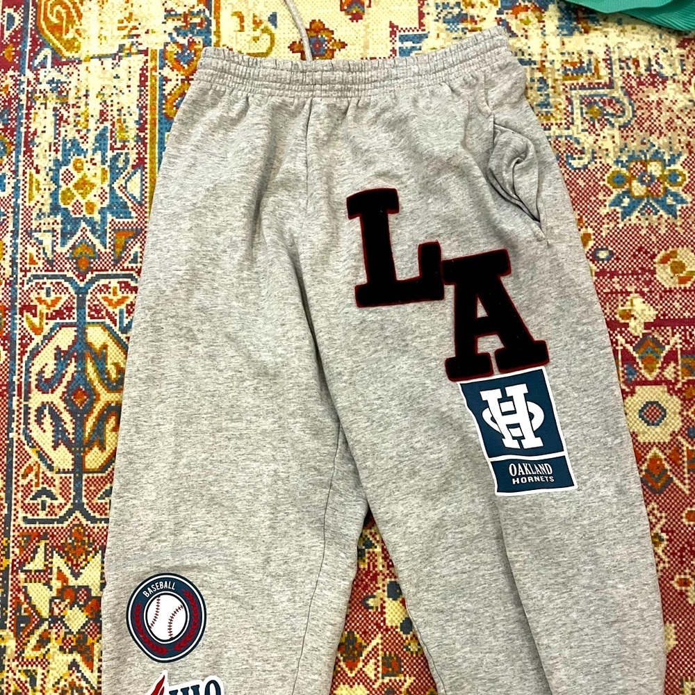 gray urban outfitters LA sweatpants graphic